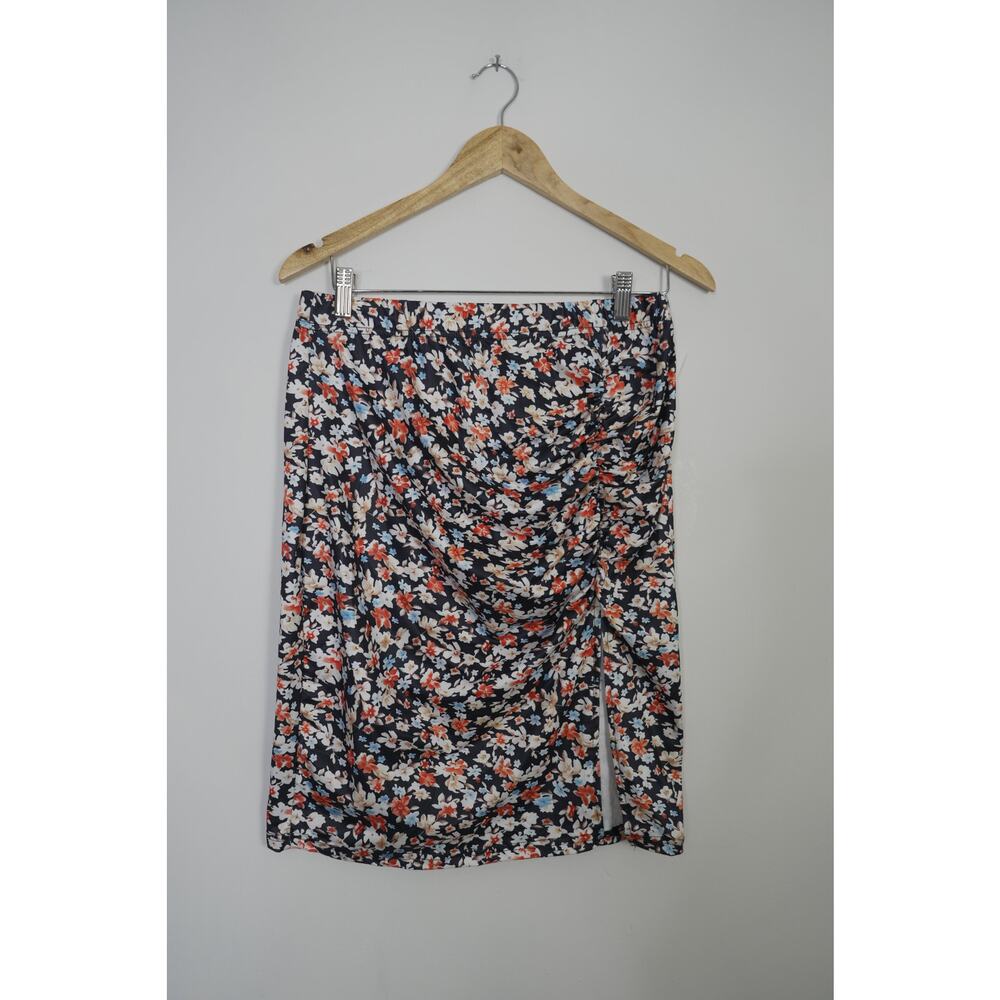 Floral Ruched Skirt Women Large Navy Blue‎ Side Slit Mini Skirt